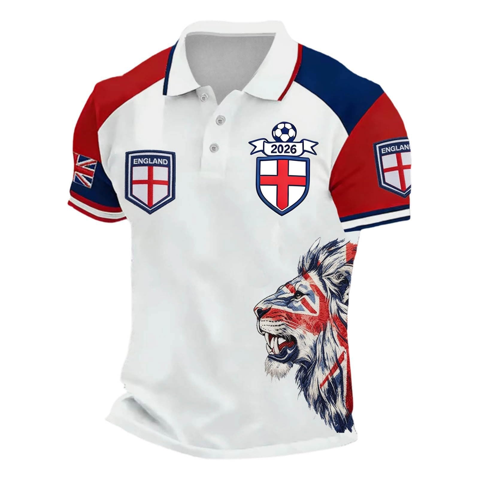 England 2026 World Cup Polo Shirt Mens with Lion,England World Cup Mens Football Shirt 2026 Breathable Short Sleeve Grandad Collar T-Shirts with Button Down Wrinkle Free Tees Causal Tops Blue