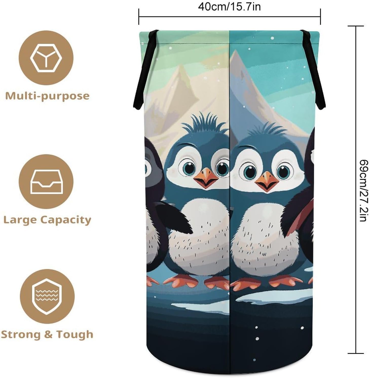 Collapsible Cute Penguins Laundry Basket Large Waterproof Clothes Hamper with Handles Tall Dirty Clothes Basket Toy Round Storage Organizer Bin for Bathroom Bedroom
