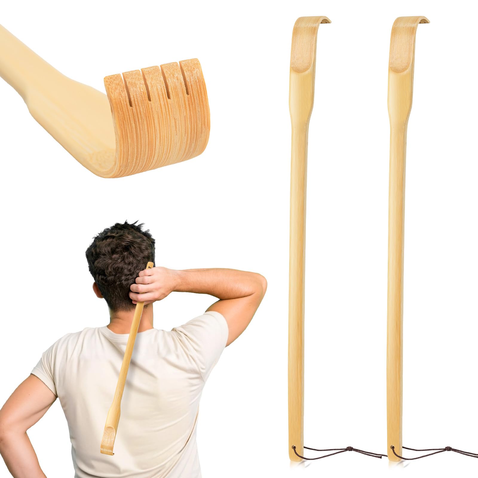 RENOOK Back Scratcher, 2 Pieces 16.5" Natural Strong Sturdy Traditional Bamboo Wooden Body Relaxation Massager for Itching Relief, Best Gift for Parents, Friends, Yourself and More.