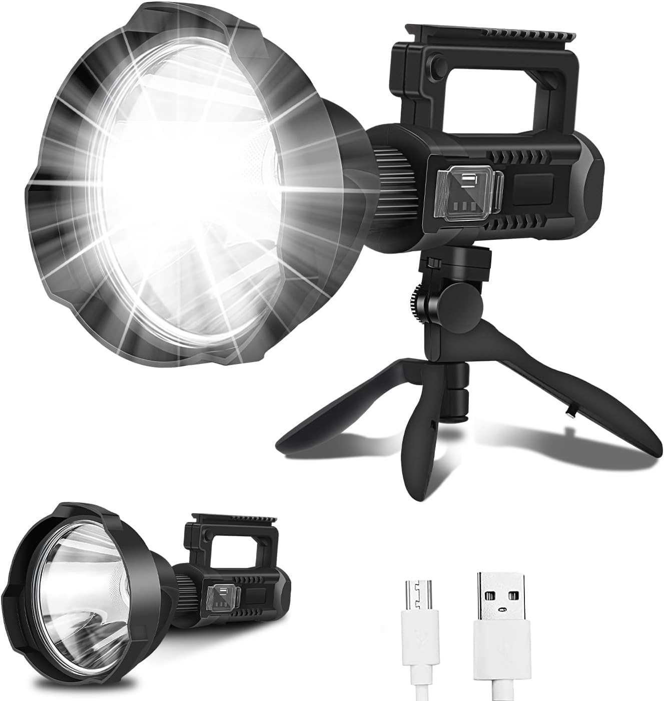 Scizor Rechargeable Spotlight, 100000 High Lumen LED Flashlight, 4 Modes, Super Bright Searchlight, Waterproof Handheld With Tripod and USB Output for Camping, Working, Emergencies