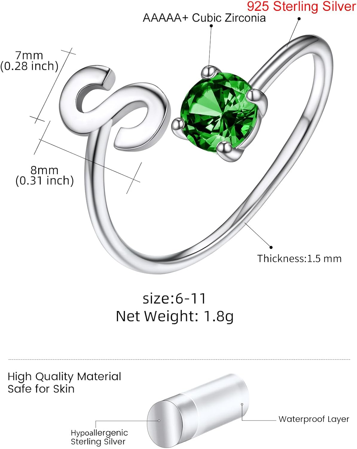 KeyStyle Silver Initial Rings for Women, Adjustable Crystal Letter Stacking Rings, 925 Sterling Silver Custom Birthstone Stackable Captial Name Gifts for Her