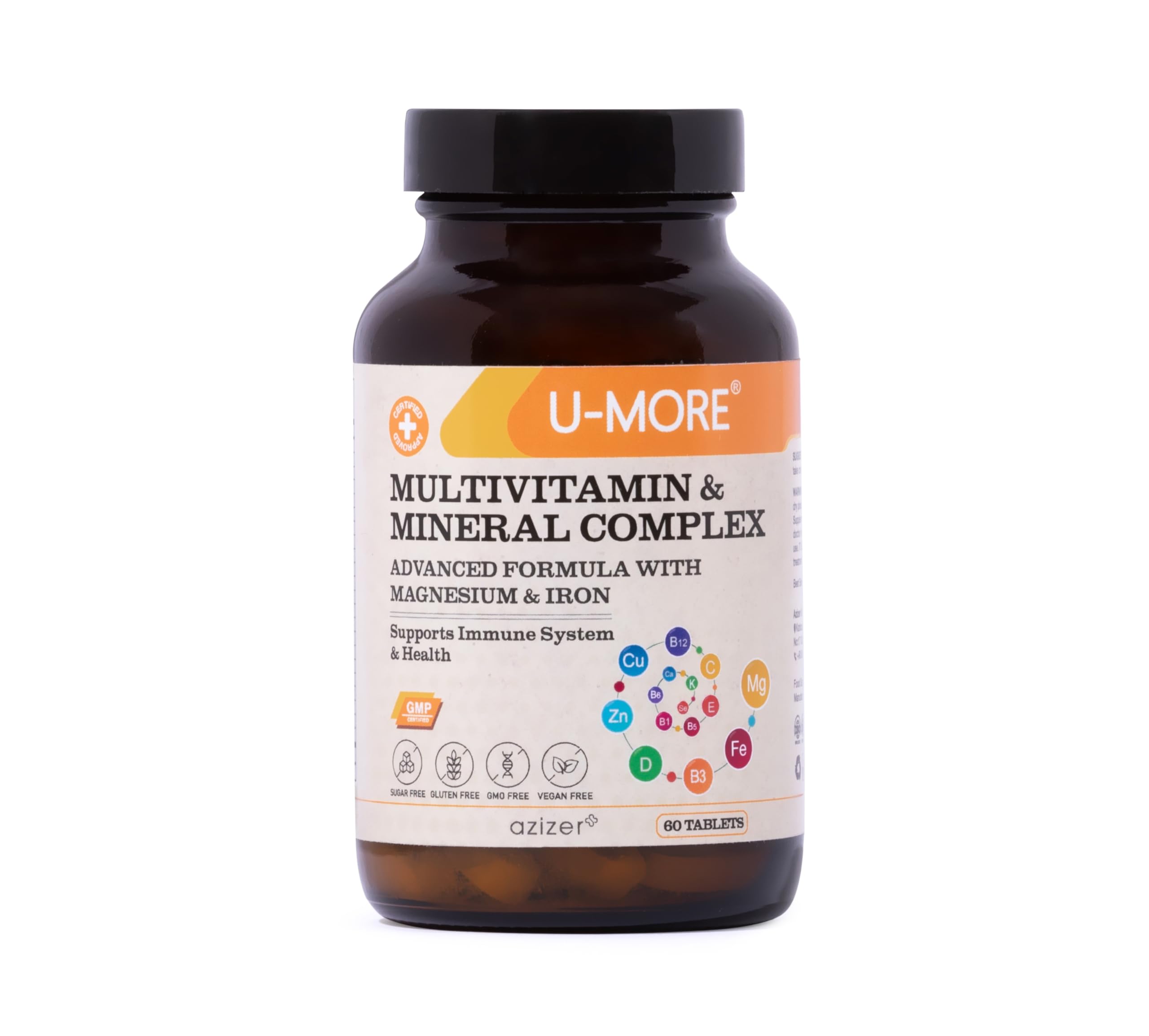 U-MORE Multivitamin ve Mineral Kompleksi, Vegan, Şekersiz, Glutensiz, Kalsiyum, Magnezyum, A, B1, B2, B5, B6, B12, D3, K, C Vitaminleri, Demir, Çinko - 60 Tablet