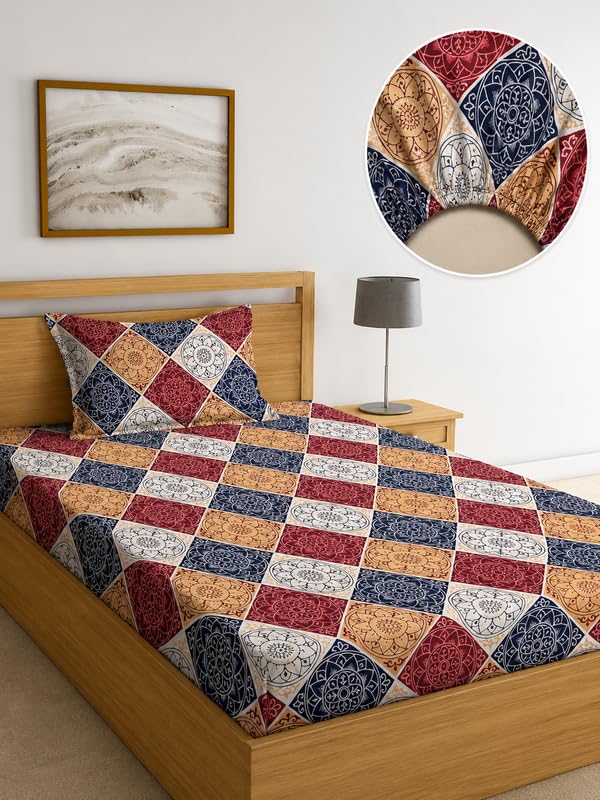 Image of la' amour Single Size Fitted Bedsheet with 1 Pillow Cover, Soft Breathable Elastic Bed Sheet for Single Bed, Premium Printed Bedsheet with All Around Elastic - 36 x 72 + 6 Inches, Rustic Mandala Mix
