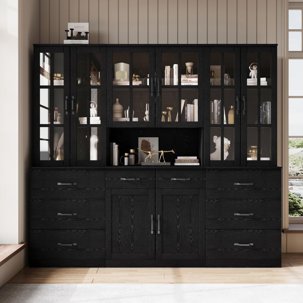 VOWNER Bookcase with Glass Door, 5-Tier Modern Bookshelf with Large Drawer, Glass Display Cabinet with Large Storage Shelf, Combination Storage Cabinet for Home Office (Black, ABCDE)
