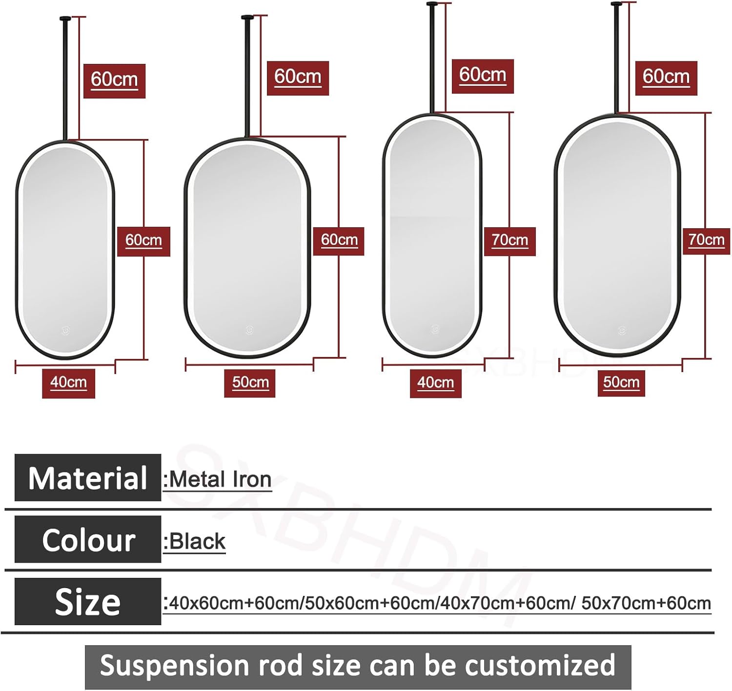 天井吊り下げオーバルLEDミラー、ブラックメタルフレーム壁掛け化粧鏡、リビングルーム寝室バスルーム玄関用メイクアップ装飾ミラー(40