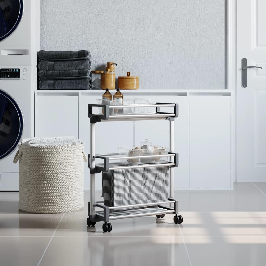 Carro de almacenamiento de aluminio 59 x 20 x 75 cm con 3 cestas y ruedas, estante ajustable, ahorra espacio para cocina, baño, oficina, organizador estable para un almacenamiento y orden
