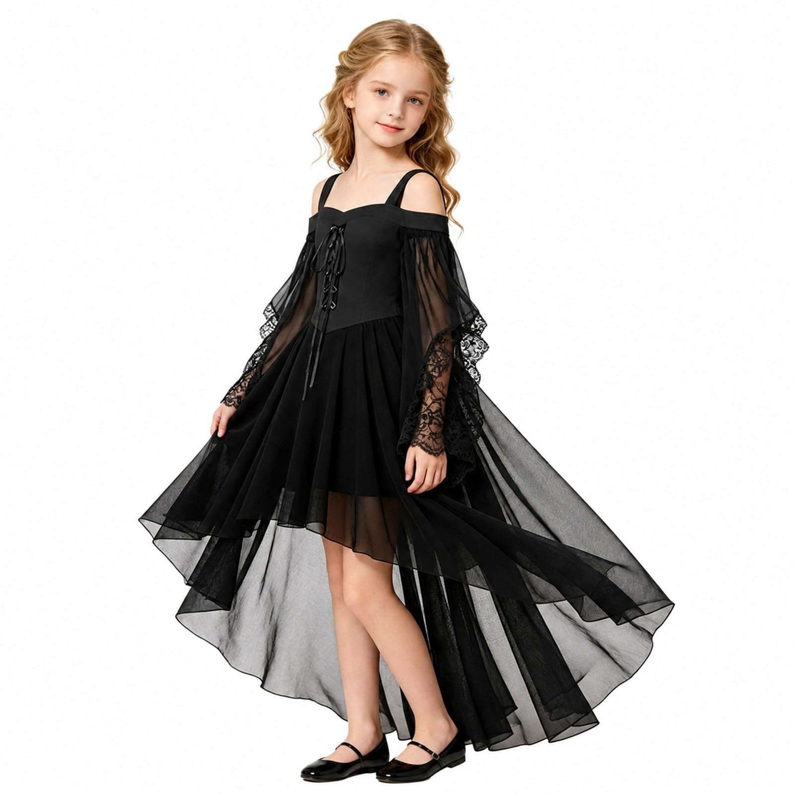 Vokuhila - Vestito medievale per Halloween, per bambine, gotico, cosplay | Vestito da principessa per bambini, a maniche lunghe, con spalle scoperte, in pizzo, stile vittoriano, vampiro, carnevale
