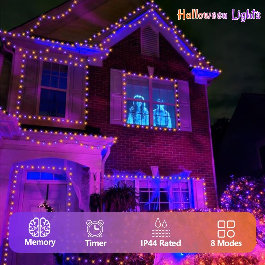 QITONG Orange and Purple Solar String Lights, 2 Pack Each 66ft 200 LED Halloween String Lights Outdoor Waterproof, 8 Modes Christmas Solar Light