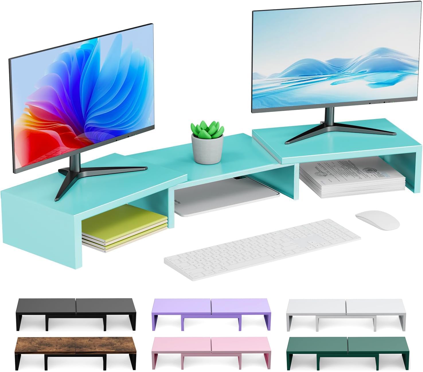 OUTIOE Dual Monitor Stand for Desk, Metal Computer Stand, Desk Shelf Riser,Desktop Organizer for Home and Office Use (Blue)