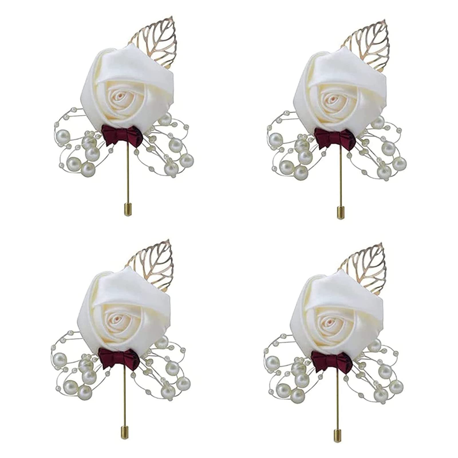 PnxdeobXL Boutonniere Novio, 4 Piezas Ramillete de Flores para Novio, Ramillete Novio, Boda Boutonniere, para Hombres, Flores de Solapa para Bodas, Banquetes, Fechas de Aniversario(Blanco)