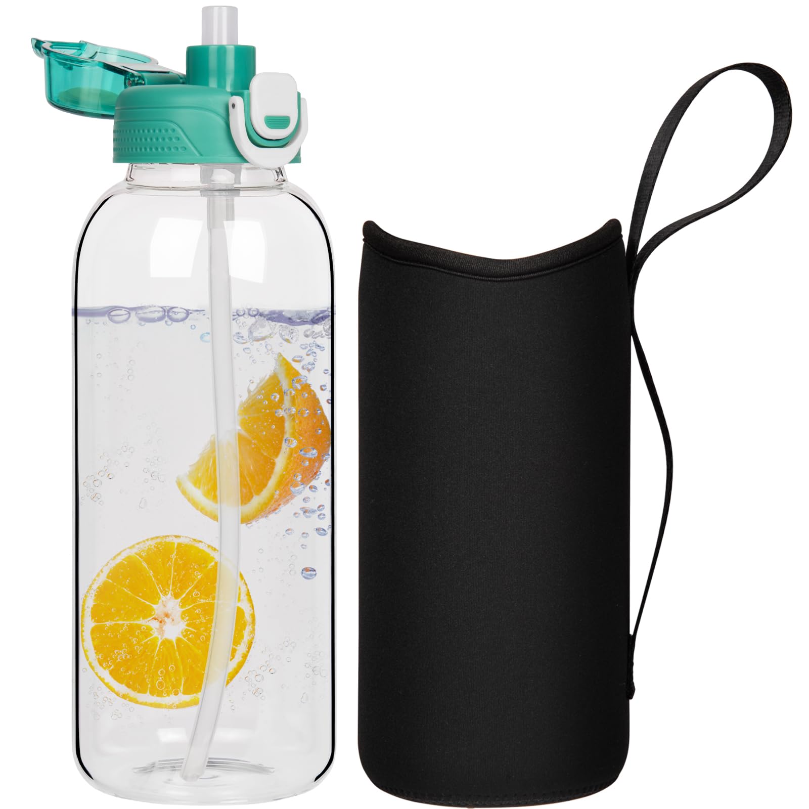 DEARRAY 1.5l Glazen drinkfles met rietje & tijdmarkering 1,5 liter Grote motivatie glazen fles met tijdmarkering lekvrij BPA-vrije waterfles glazen karaf met deksel glazen kan