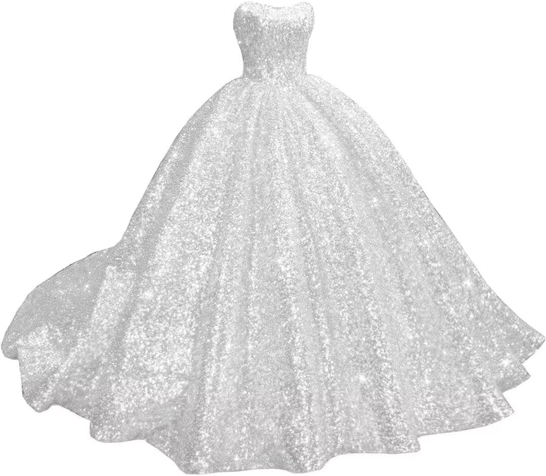 Yifanier Women's White Sparkly Strapless Sequin Quinceanera Dresses With Train Puffy Prom Dresses Long Ball Gown For Sweet 15 16 Dress