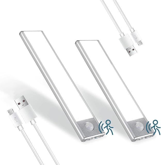CANMEIJIA 2Pack Motion Sensor Lights Indoor, Under Cabinet Kitchen Lights USB Rechargeable, 24cm 40 LED 6500K White Light Wardrobe Lights Motion Sensor, for Cupboard, Closet, Stairs, Hallway, Bedroom