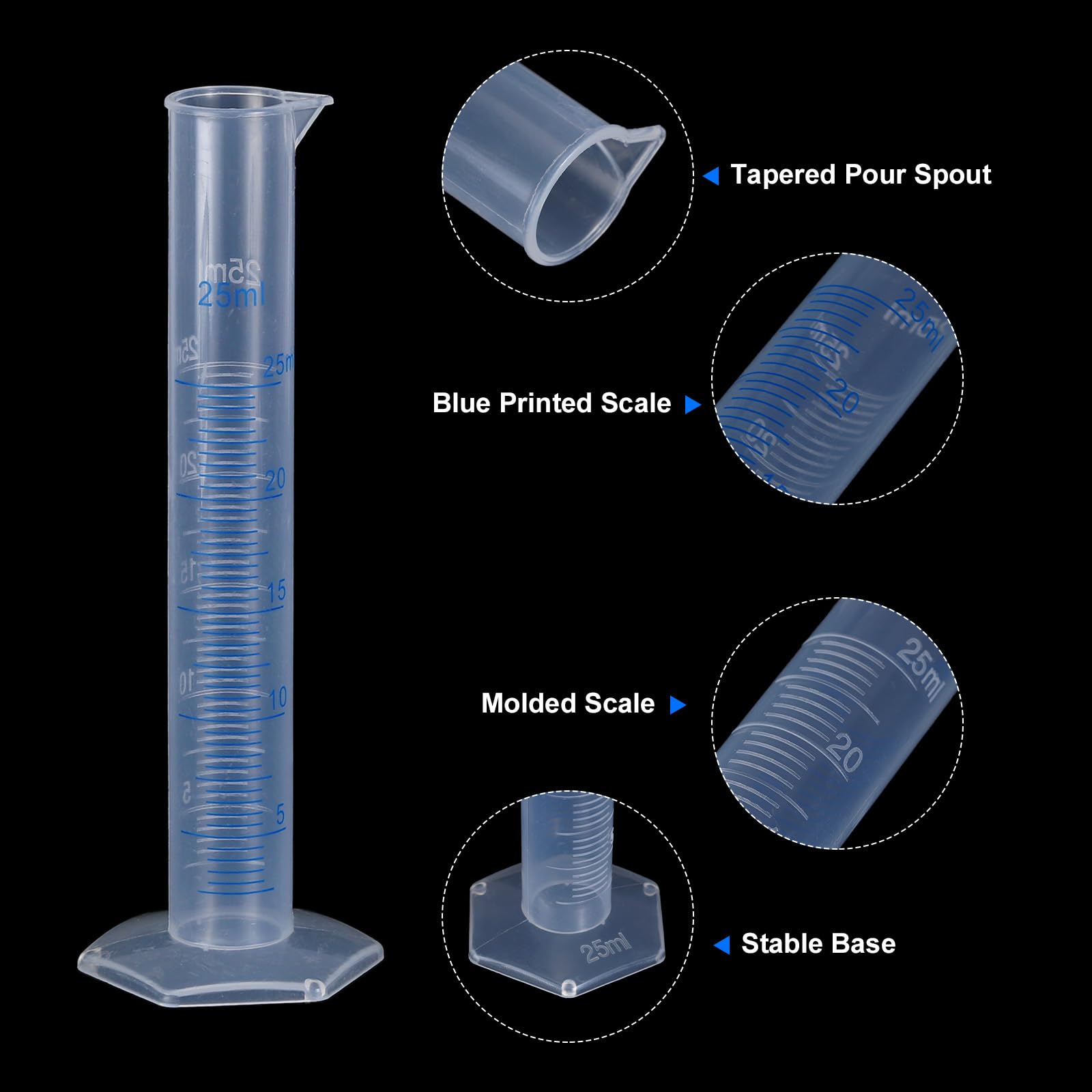 QUARKZMAN Cilindro Graduado de Plástico 25ml Medidor Tubos de Ensayo Base Hexagonal Transparente 10 Unidades
