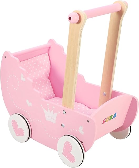 SOKA Wooden Push Along Pink Princess Doll Pram for Boys and Girls Pretend Play with Non-Slip Rimmed Wheels