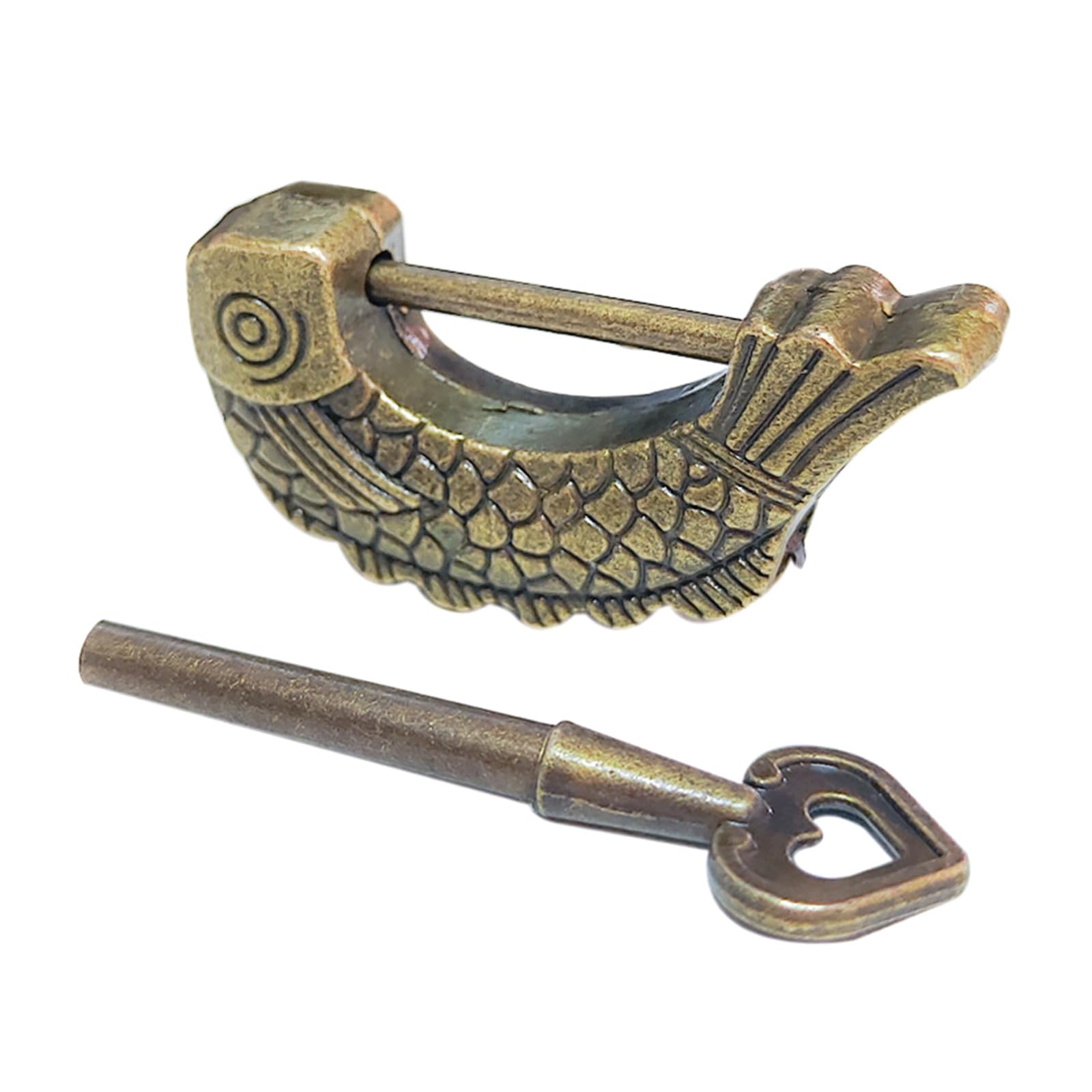 Vdaxvme Multicolor Upgrade Retro Fish Pattern Padlock Padlock Bronze Vintage Lock, Key Bronze Fish Shaped Padlock Antique Fish Pattern Lock For Drawer And Jewelry Box