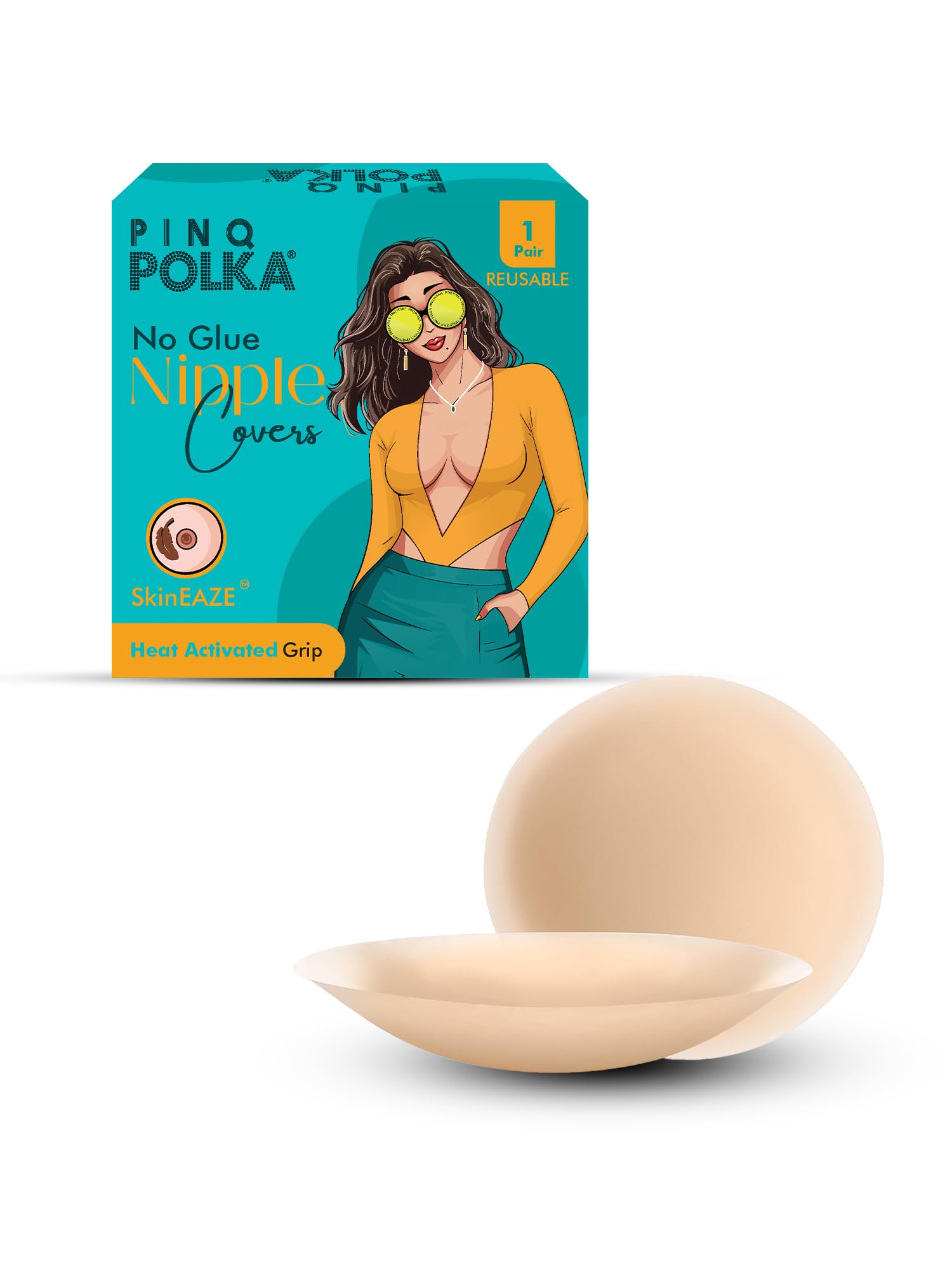 pinq polka NO Glue Reusable Nipple Covers for Women |Nipple Pasties I Non-Adhesive|Skin Friendly|Medical Grade Silicone|Hypoallergenic|Up to 12 Hrs Sticking Capacity|Washable|Nude Colour- 2 Pcs-picture-0