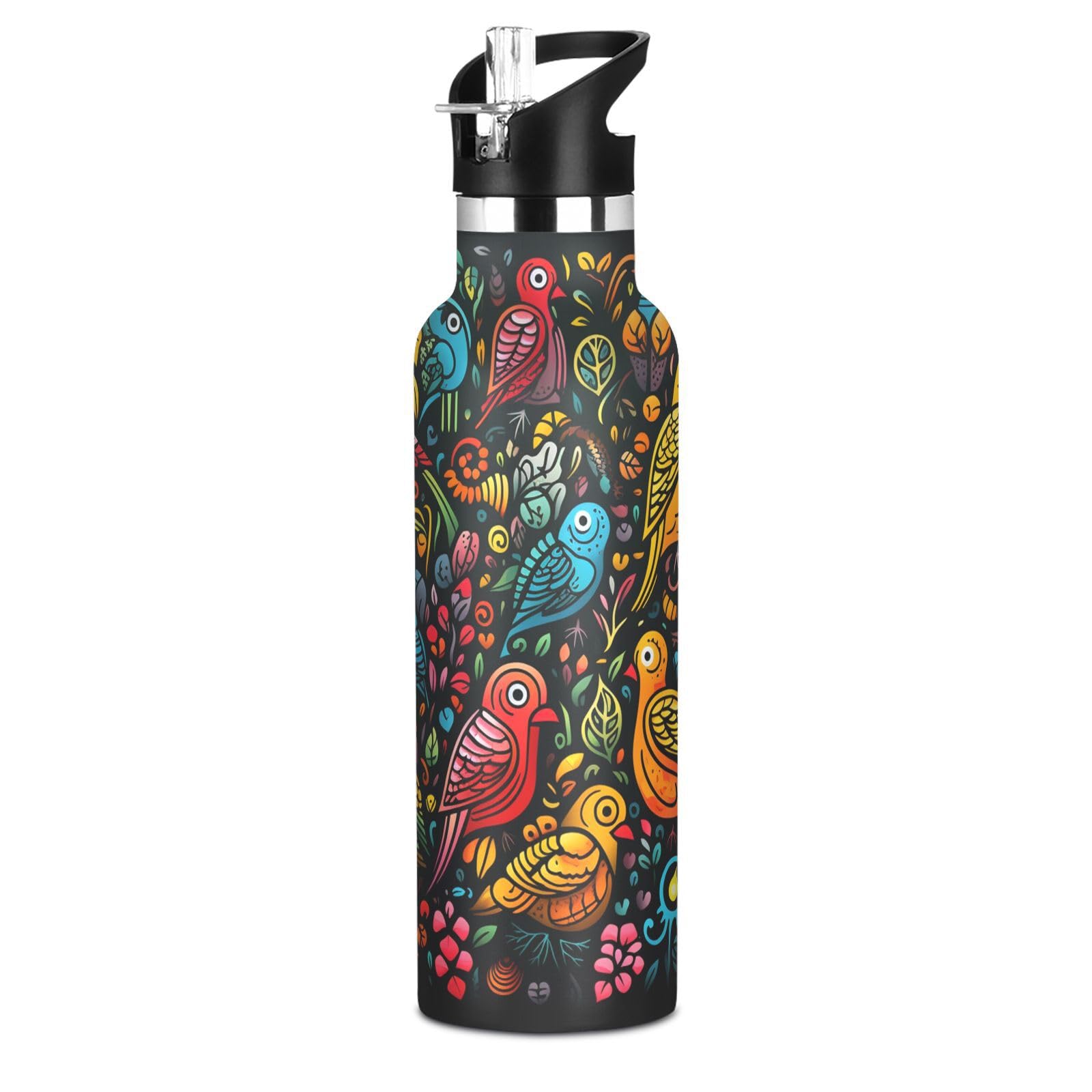 Kaaviyo Boys Pattern Colorful Parrots Tropical Artwork Water Bottle Stainless Steel Jug Insulated Vacuum Cup For Girls(600Ml)