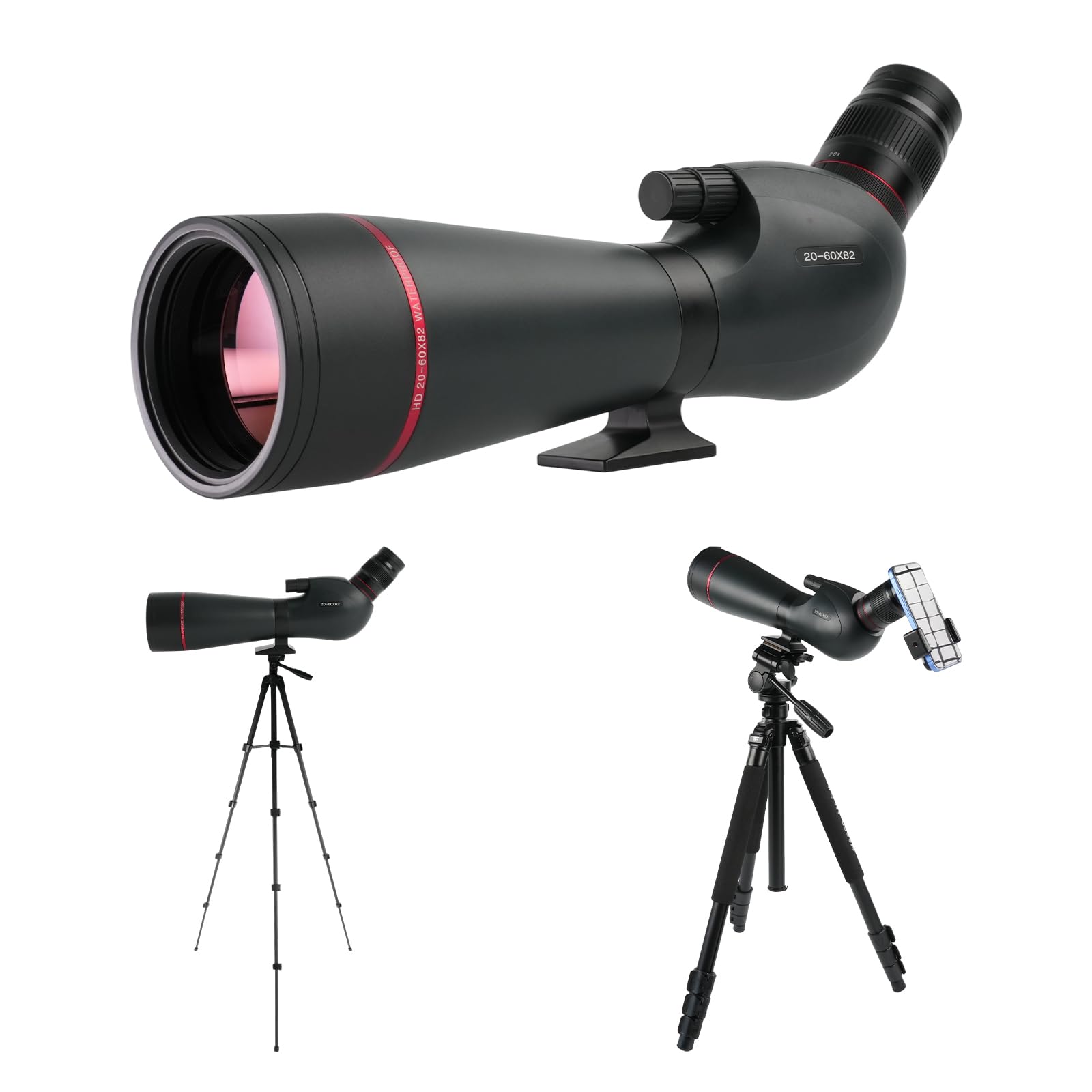 Telescopio Terrestre 20-60×82 mm HD | Prisma Porro BAK4 FMC, Ocular 27 mm, IPX7 Impermeable | Trípode + Adaptador Teléfono para Observación Aves, Caza, Tiro