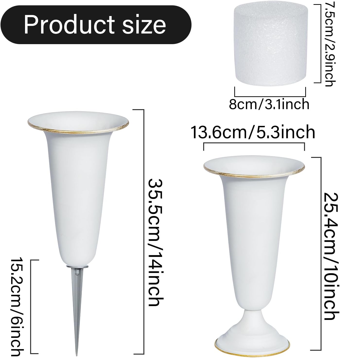 Metal Cemetery Vase, Flower Vases with Metal Base and Stakes for Home Tabletop, Cemetery Flowers, Memorial Grave Decorations (White, 2Pcs)