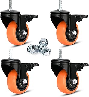 3 inch Threaded Stem Casters Set of 4 Heavy Duty 1000Lbs 3/8''-16x1'' Castor Wheels Dual Locking Industrial Caster Swivel Caster with Brakes Safety Smooth No Noise Wheels for Cart, Furniture