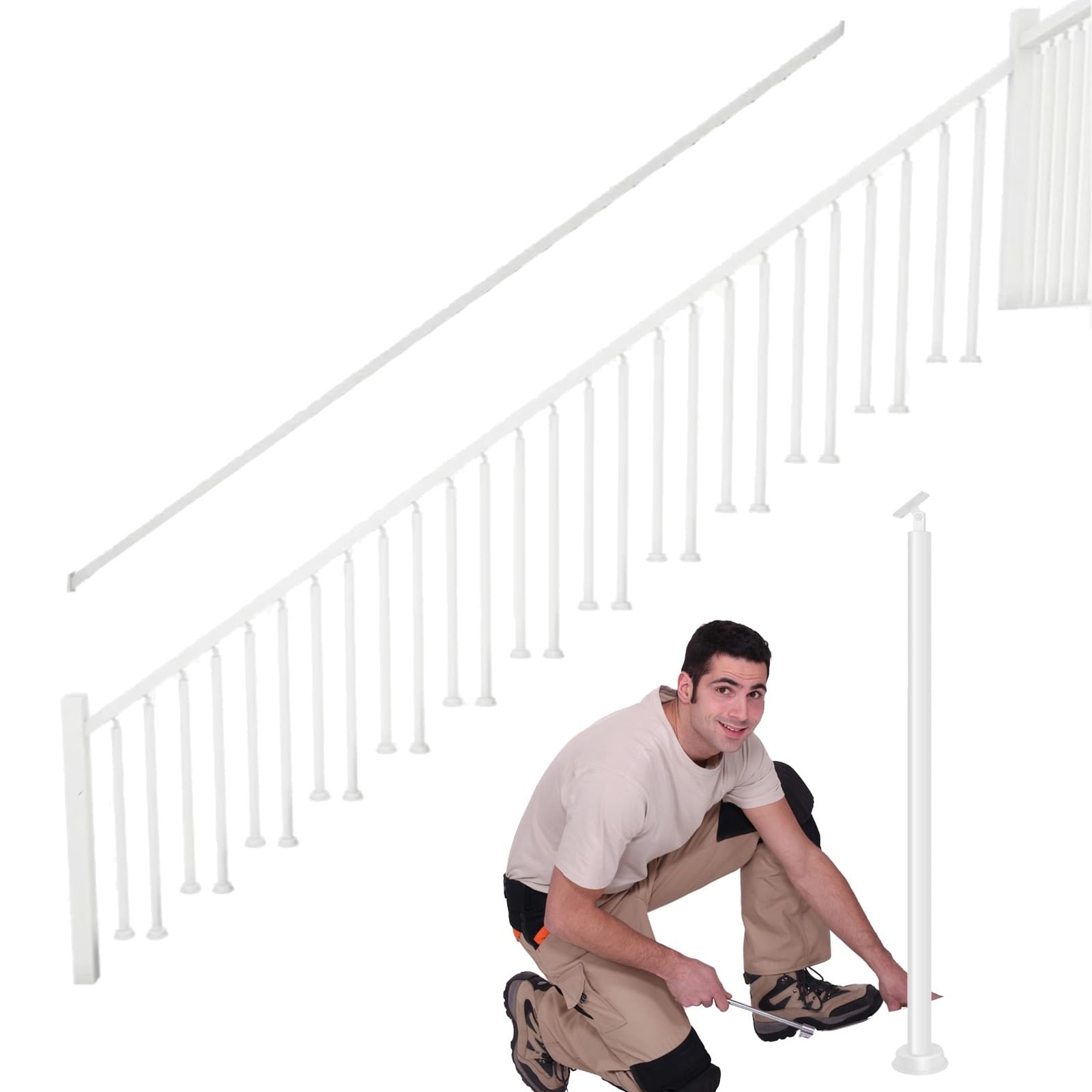 Metal Baluster Spindles with Wooden Handrail, Interior Staircase Decks Banister Post for Attic Basement Stairway Steps, DIY Stair Remodel Kit(25in/63.5cm)