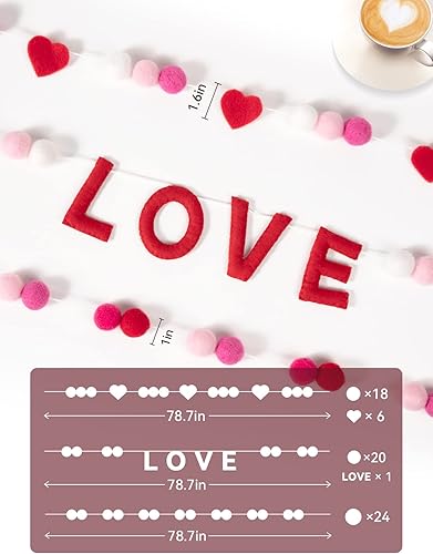Miniatura 5 de 3 guirnaldas de bolas de fieltro para el día de San Valentín, guirnaldas de corazón de fieltro de amor, total de 74 pompones, adornos colgantes de