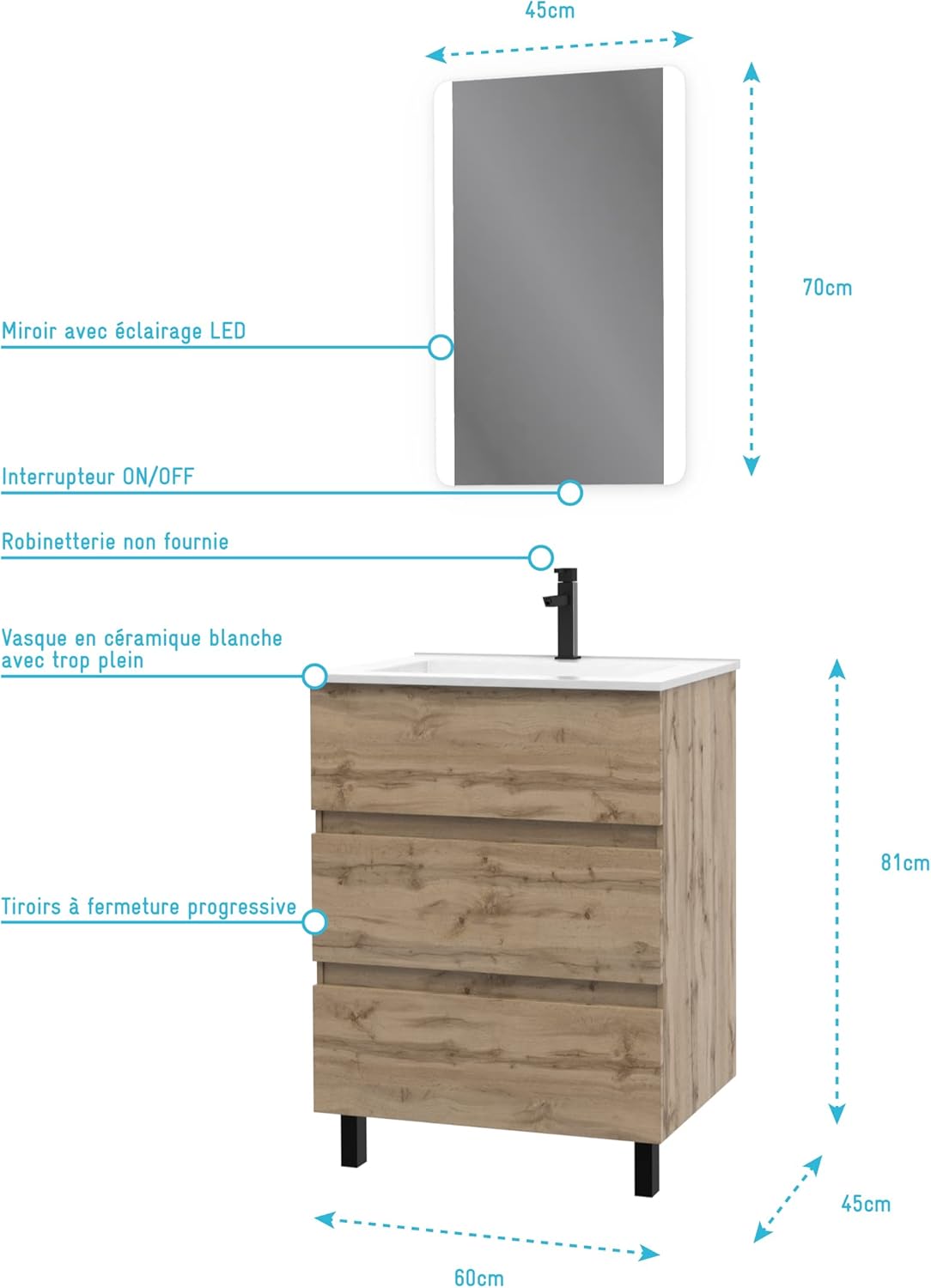 Bathroom Set, Wood Aluminium Ceramic Glass, Natural Oak/White, 60cm × 80cm