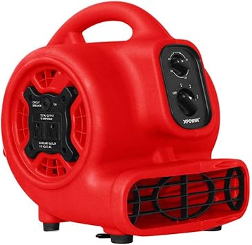 XPOWER P-230AT Mini Mighty 1/4 HP 925 CFM Centrifugal Air Mover, Carpet Dryer, Floor Fan, Blower, Stackable, Daisy Chain, for Water Damage Restoration, Janitorial, Plumbing, Home Use, Red