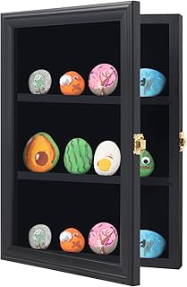 Tieeqe Painting Rocks Display Case - Dustproof Shadow Box for Painted River Rocks - Polished Rock Display Cabinet with Anti 98% UV Acrylic for Smooth Rocks, Gift for Painting Rocks Lover Black
