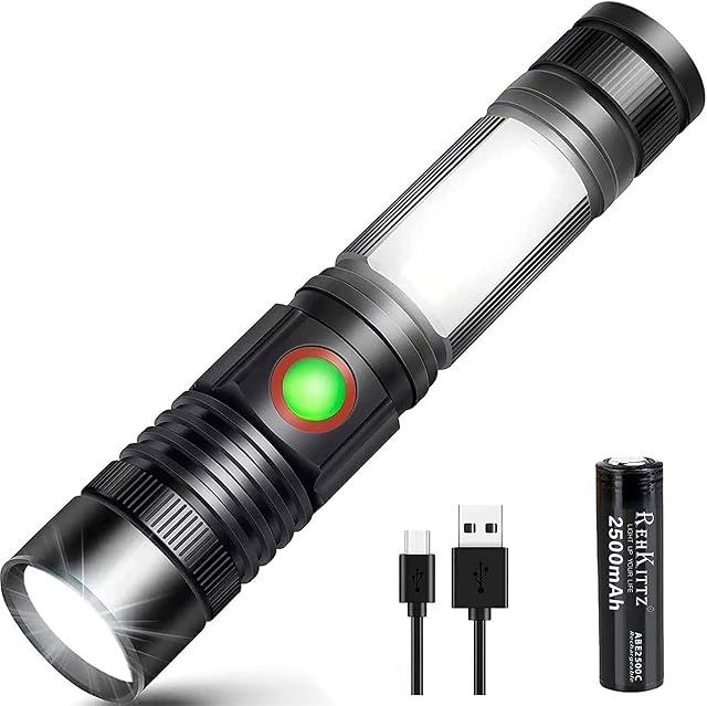 REHKITTZ Torch Led Torches Rechargeable (Including 2500mAh Battery) Mini Magnet Torches Super Bright Tactical Flashlight COB Work Light Powerful Torch for Hiking Camping Walking