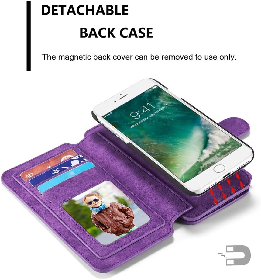 iPhone 8 Wallet case, iPhone 7 Leather Case,Hynice Detachable Magnetic Flip Purse with Kickstand Strap 14 Card Slot Holder Slim Protective Shell Cover for Apple iPhone8/iPhone7 4.7 (14Card-Purple)