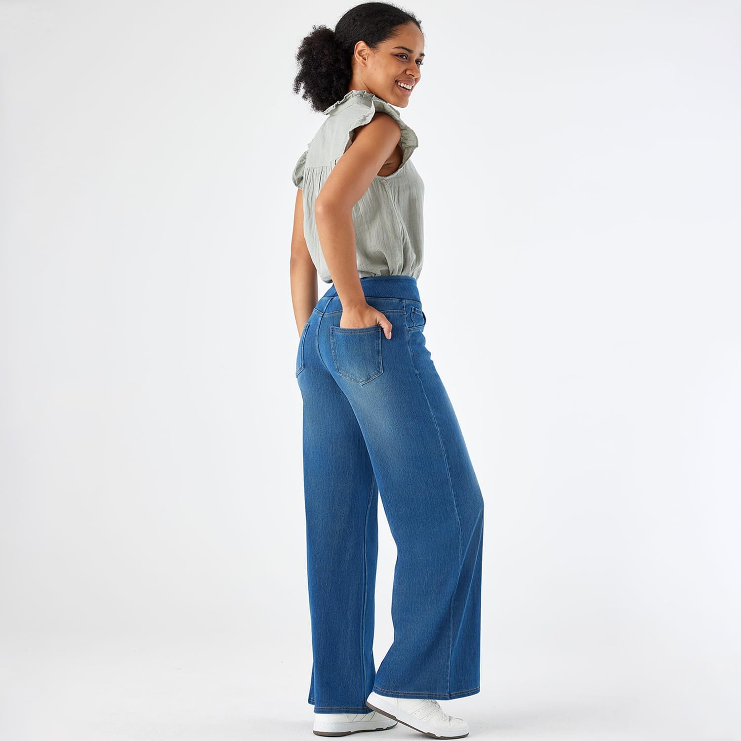 Women's High Rise Wide Leg Jeggings - Stretch Pull On Jeans-Style Pants, Soft Denim with Pockets - Image 7