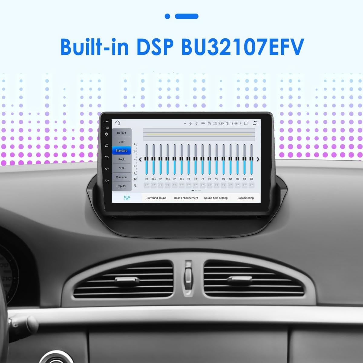 Ossuret car stereo display showing the Digital Sound Processor (DSP) equalizer settings.