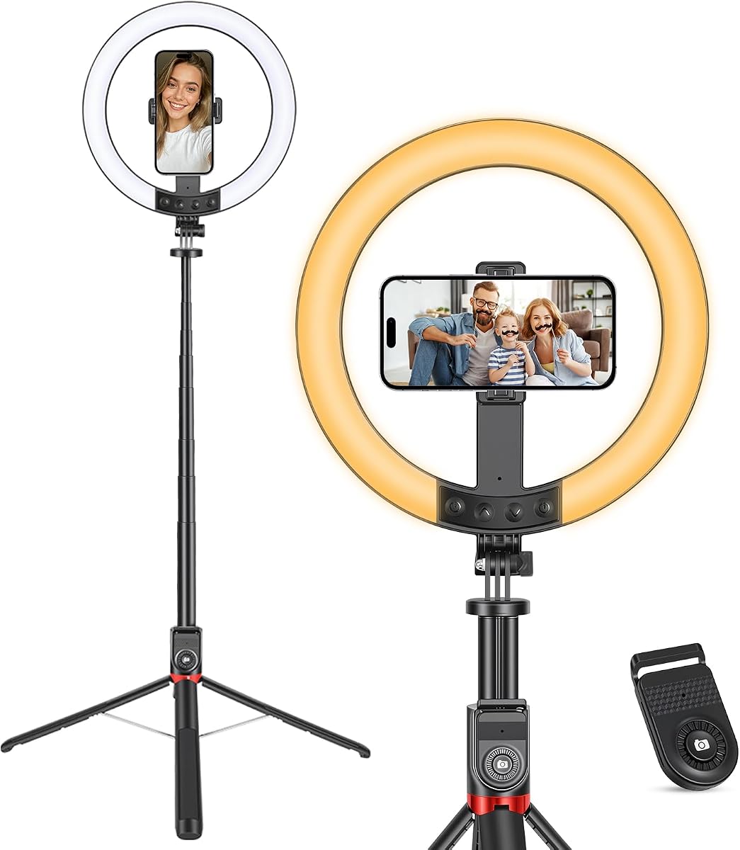 10" Ring Light with Stand 90'' Tall for iPhone & Android, Light with Tripod | Selfie Light with Extendable Tripod Stand, Phone Holder, Remote for YouTube, Makeup,TIKTok, Vlogging