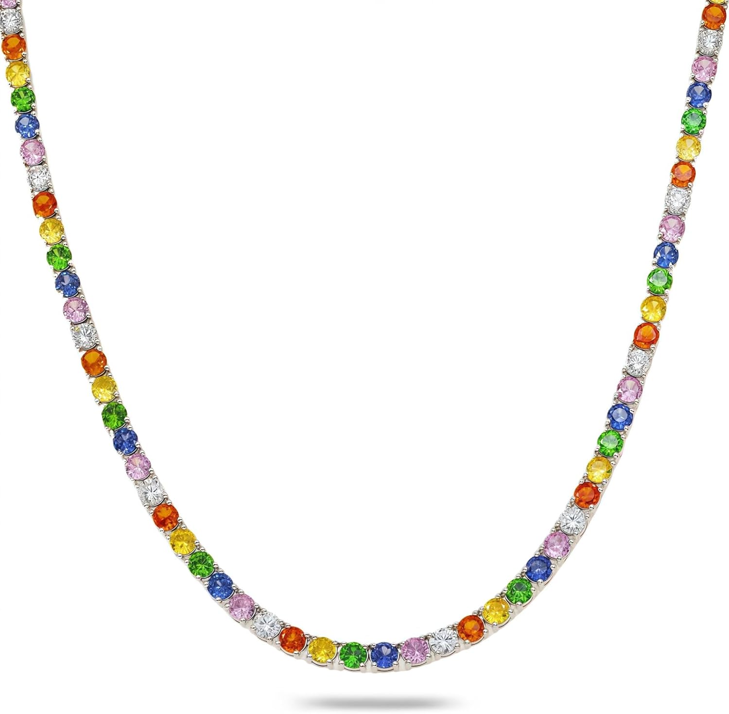 ARTLOVER 14K White Gold-Plated Tennis Necklace - High Carbon Diamond Gemstones, 5mm Multicolor CZ, Adjustable Tarnish-Free Chain | Ideal Women's Tennis Necklace