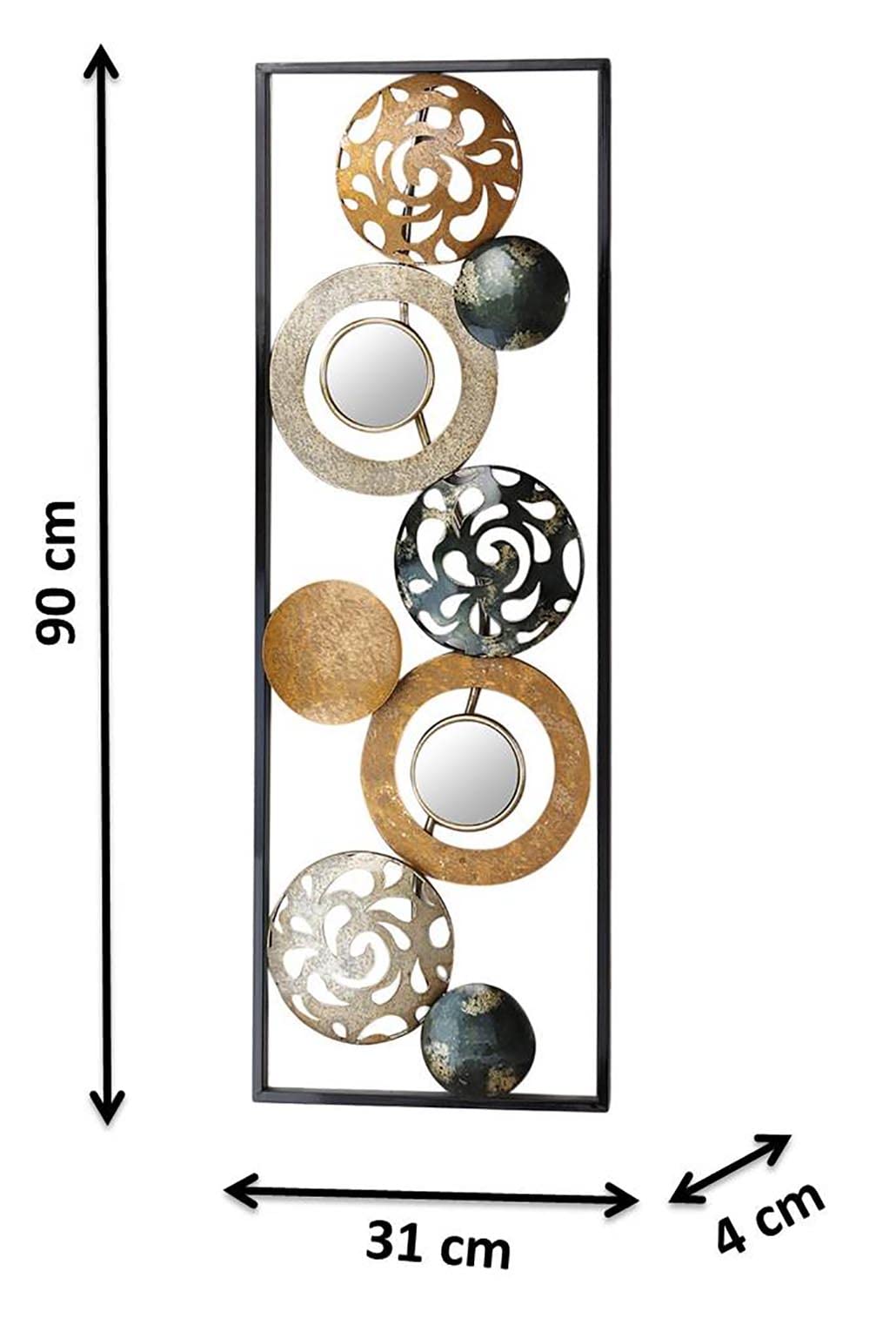 Kobolo Metall-Wandbild Wanddeko Metallbild - mit Ringen, Kreisen und Spiegeln - 90x31 cm