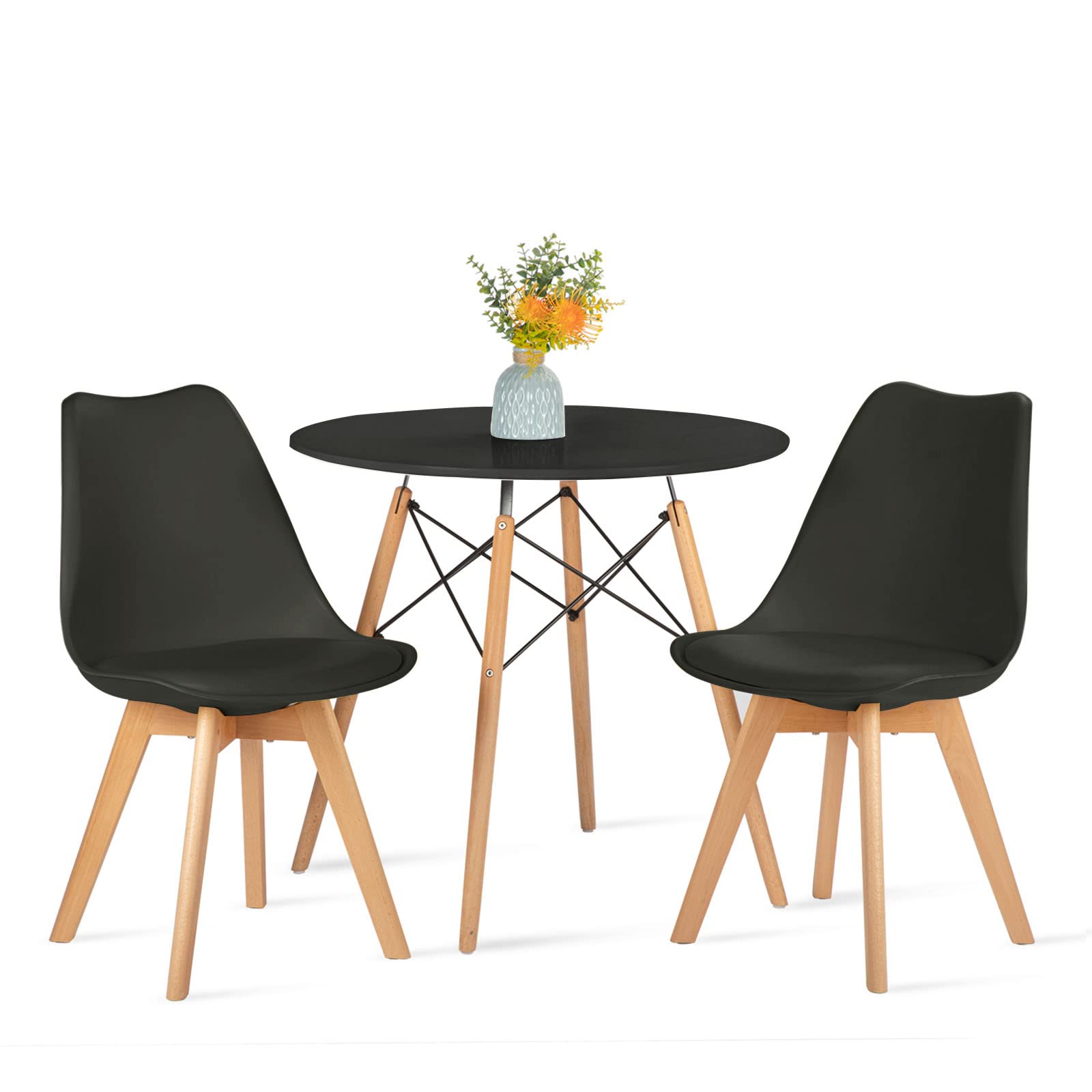 H.J WeDoo Tisch und Stühle Set, Essgruppe Schwarz Tisch mit 2 Schwarzer Stühlen für Esszimmer Küche Wohnzimmer | Essgruppen Runder Tisch 80 cm, Moderner Design, Massivholzbeine, für Balkon Küche Wohnzimmer Büro, Schwarzer Stühle