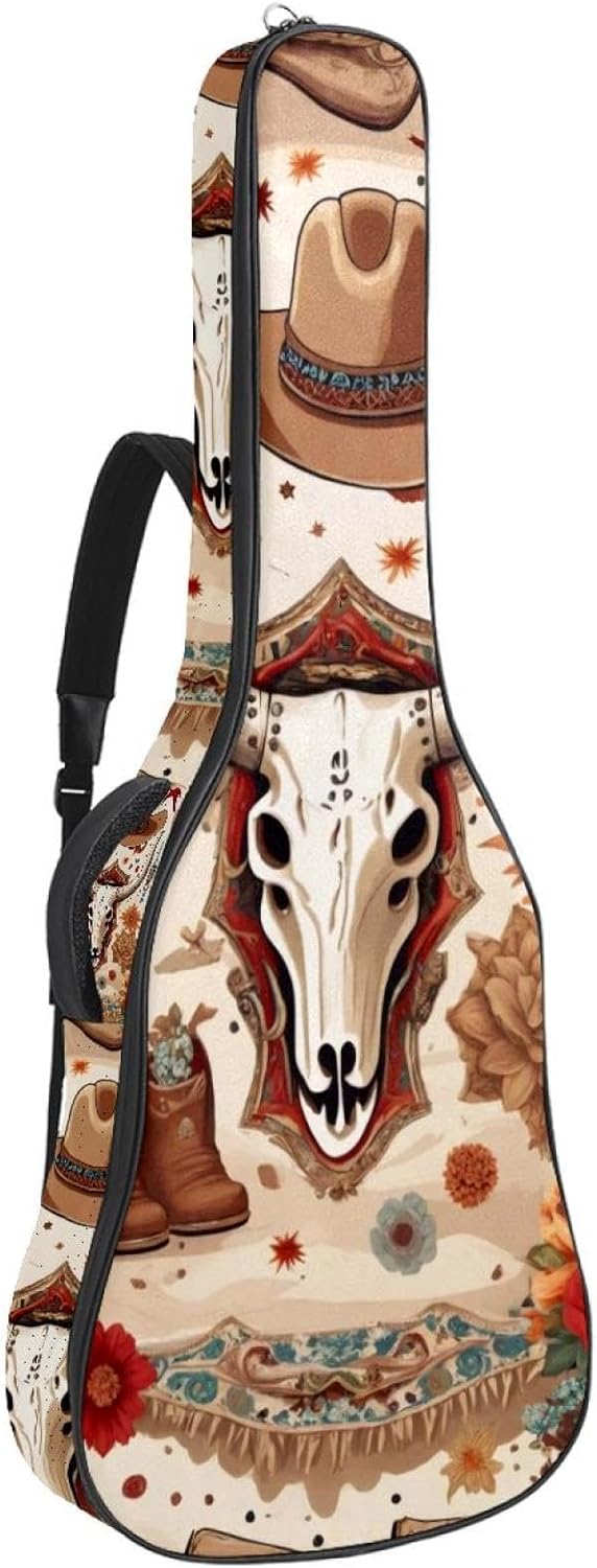 Acoustic Guitar Bag 0.4 Inch Thick Padding Waterproof Guitar Case Gig Bag for 40 41 42 Inch Electric Bass Classical Guitar, Wild West Cowboy Boot Animal Skull Cacti Arrows