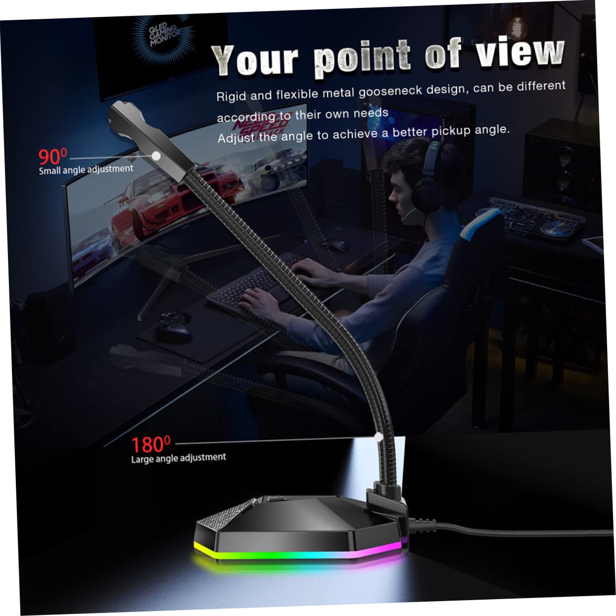Abaodam Microfono USB da Scrivania Mini Flessibile Rgb Nero | Audio Nitido, Interfaccia Usb, Cavo da 1, 5m, per Videoconferenza e Casa