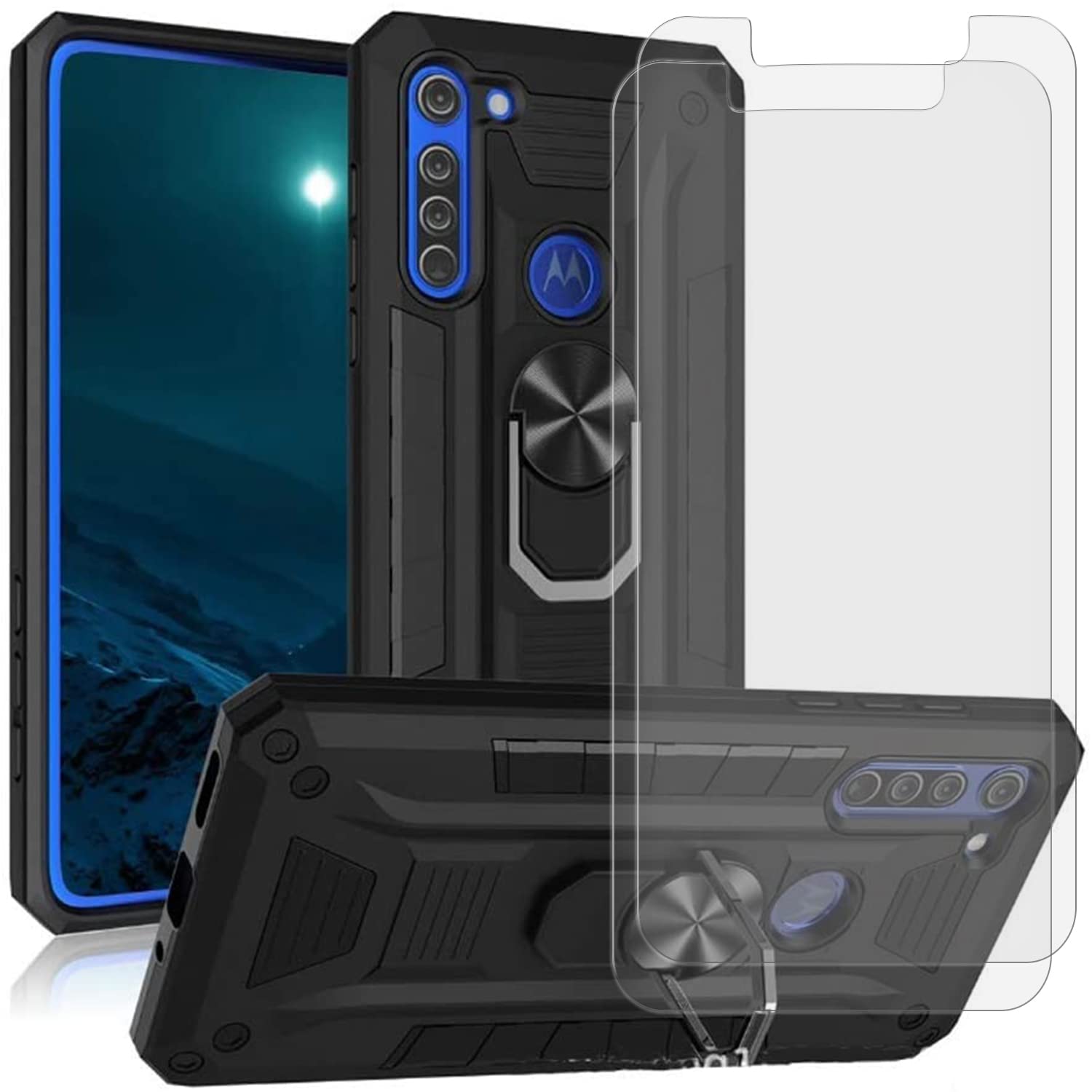 BetterAmyfor ZTE Avid 579 / ZTE Blade A3 2020 Case with Tempered Glass Screen Protector(2 Packs),Dual Layer Shockproof Protection Kickstand Case Compatible Magnetic Car Mount Ring Grip,Black