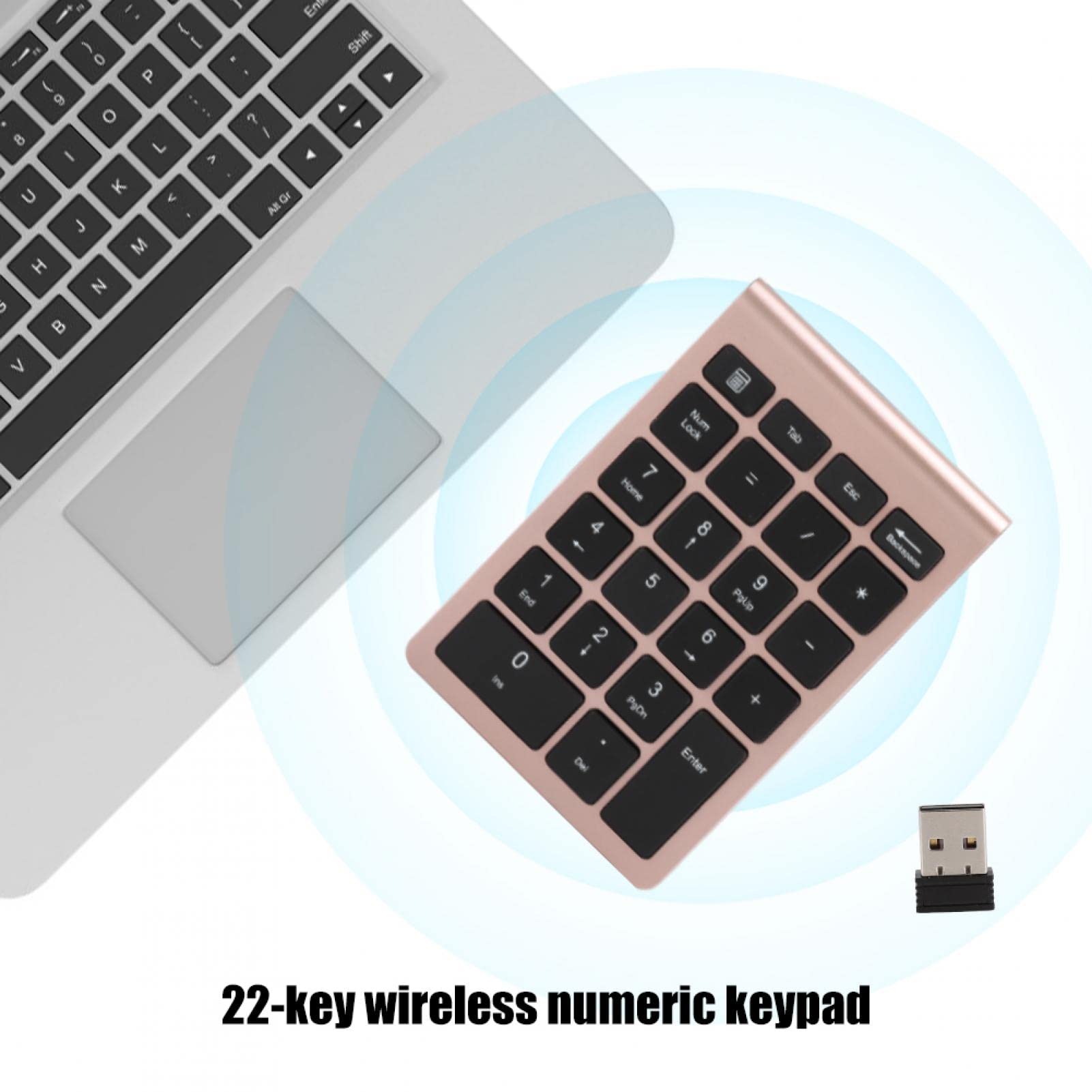 Bewinner Clavier Numérique RF304 22 Touches, Mini Clavier sans Fil USB Plug and Play avec Récepteur, Clavier Numérique Ergonomique pour Android/Windows/OS(Or Rose)