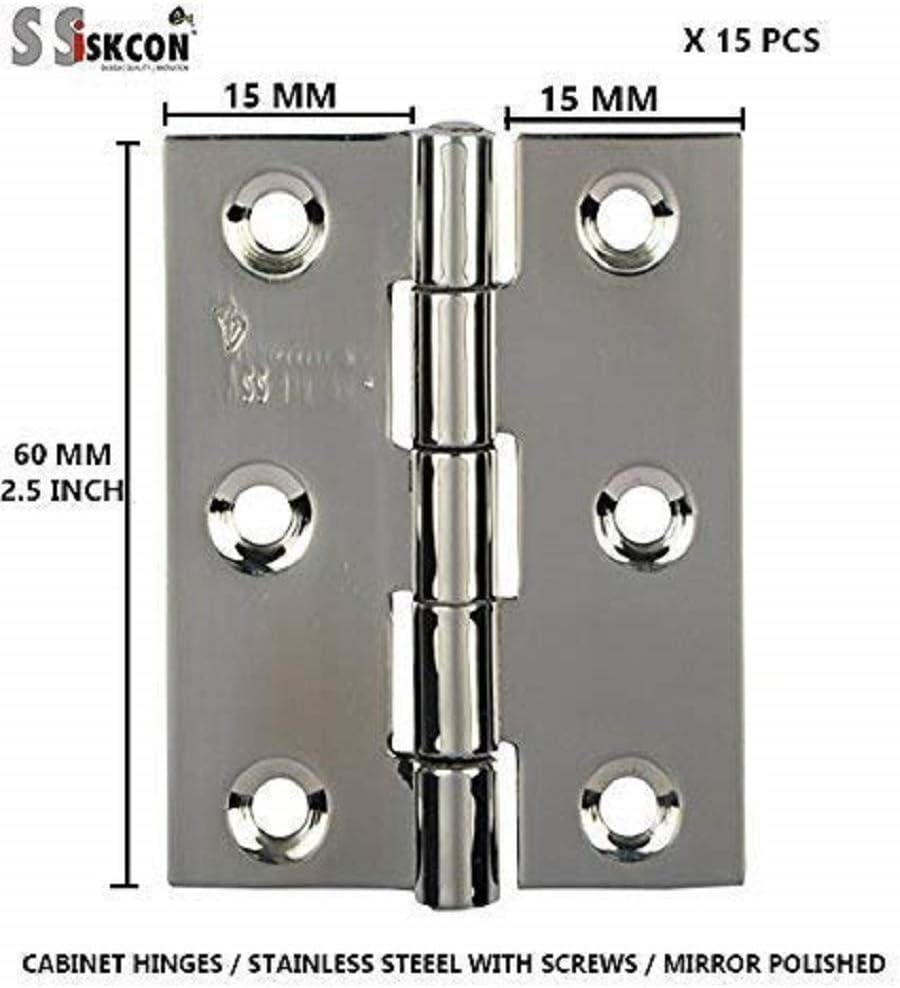 ssiskcon 15 Piece Butt Hinges Cupboard Stainless Steel Folding Cabinet Hinges 2.5" x 5/8 x 5/8 60x15x15 (90pieces Stainless Steel Screws Mirror Polished Fixed pin, Sturdy, Durable - Pack of 2