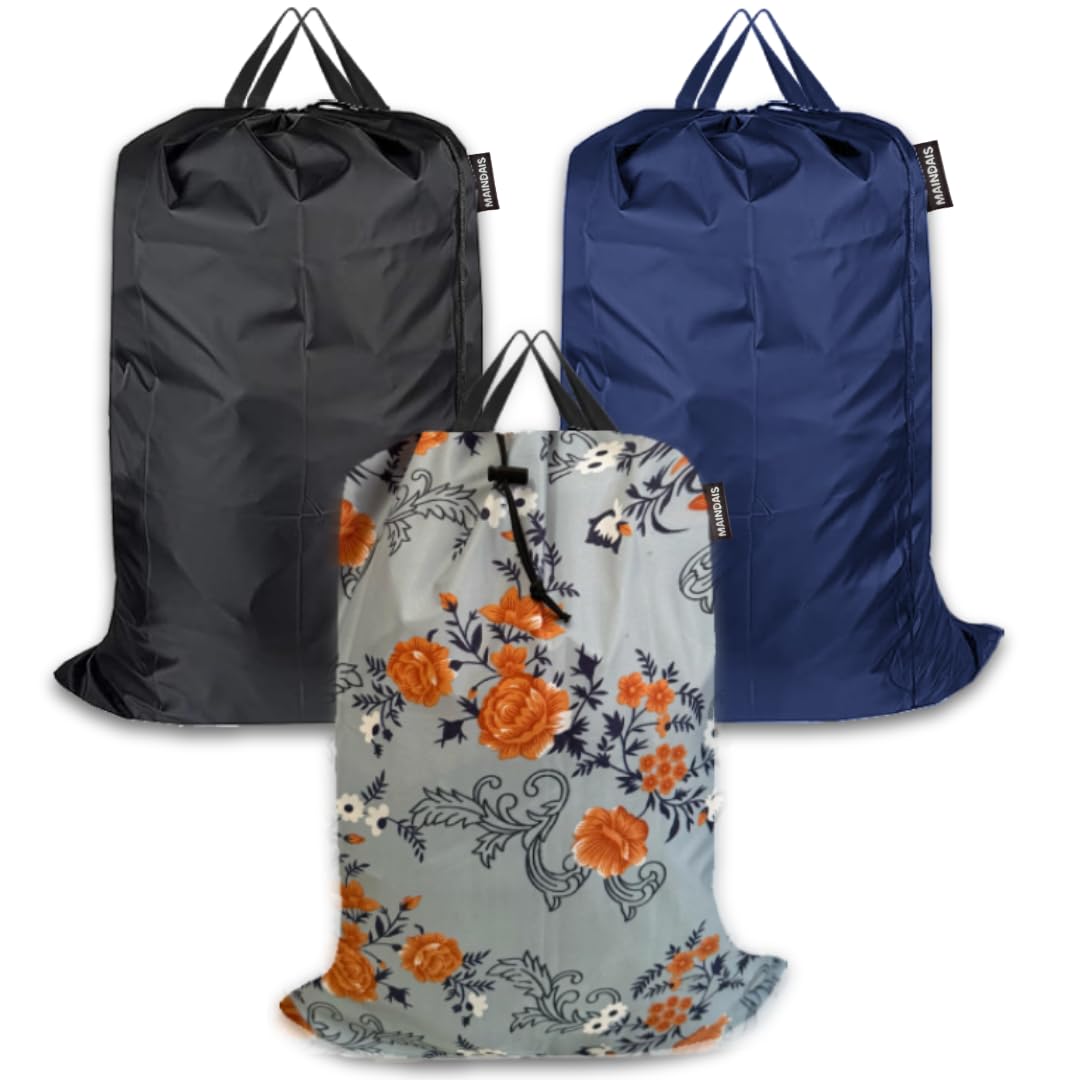 MAINDAIS Laundry Bag Clothes 3Color Large, Foldable with Drawstring Closer & Handle|Water Resistant| Travel Pouch Bags|Cloth Carrying Bag,Garment Cover For Laundry(Black,Blue,Greay_Flower, Pack of 3)-image-21