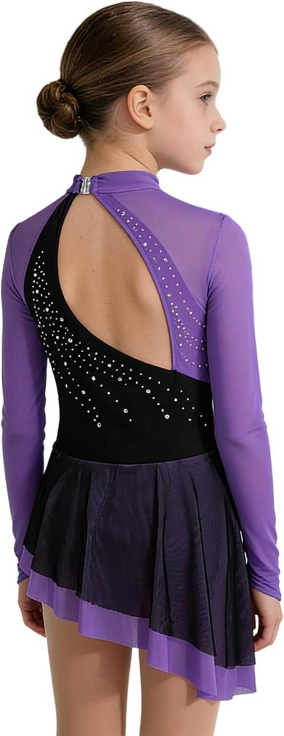 Oyolan Kids Girls Figure Ice Skating Dress Long Sleeve Color Block Irregular Skirted Leotard Ballet Dance Dress