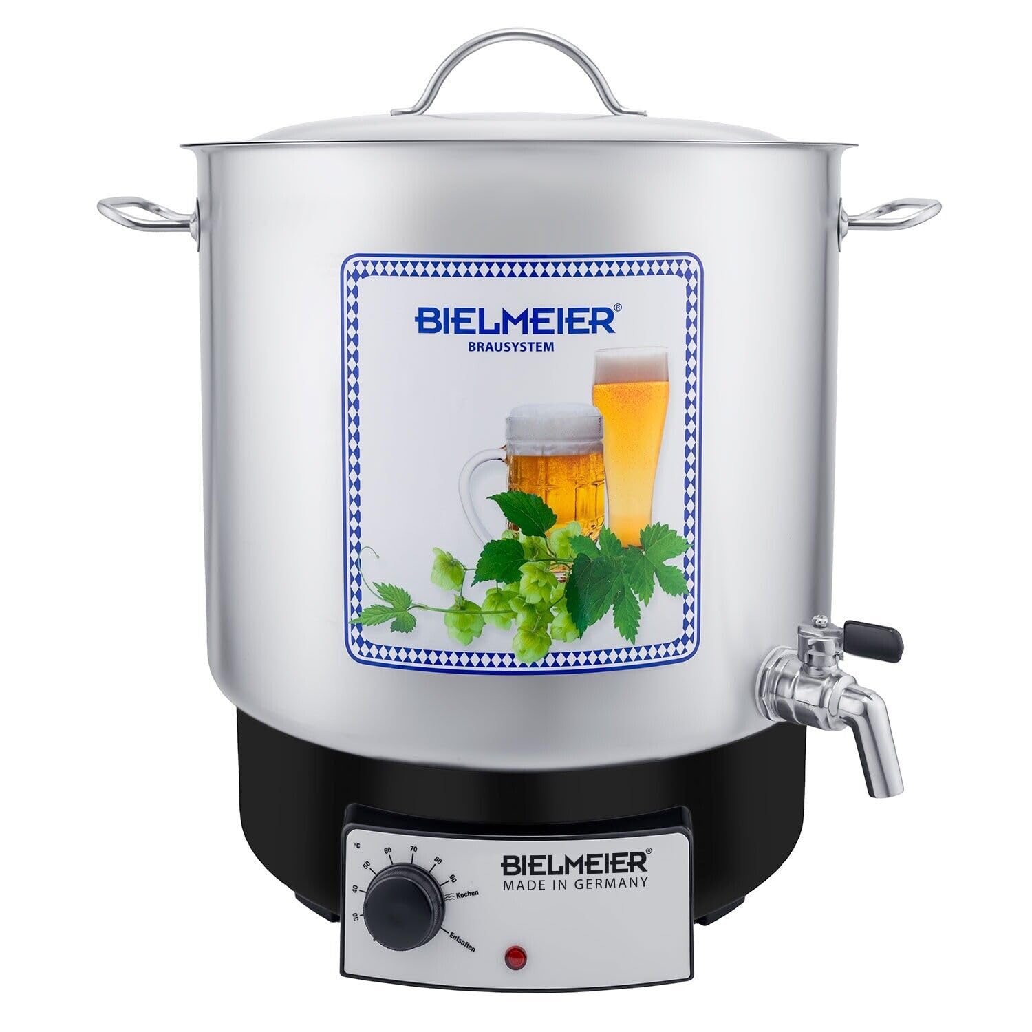 Bielmeier Maischekessel 29 L Edelstahl 2000 W mit 3/4 Zoll Auslaufhahn | Sudkessel zum Bier selber brauen, auch als Einkochautomat und Glühweinkocher nutzbar, Made in Germany, für Hobbybrauer