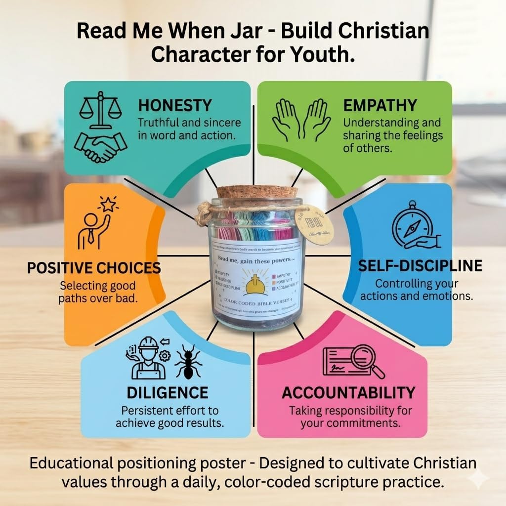 Bible Verse Jar for Youth Christian Character Building, Christian Gifts Set | with Cross Necklace & Greeting Card, Teaches Honesty, Empathy & Self-discipline, Prayer Jar for 14 Years Old Son & Daughter