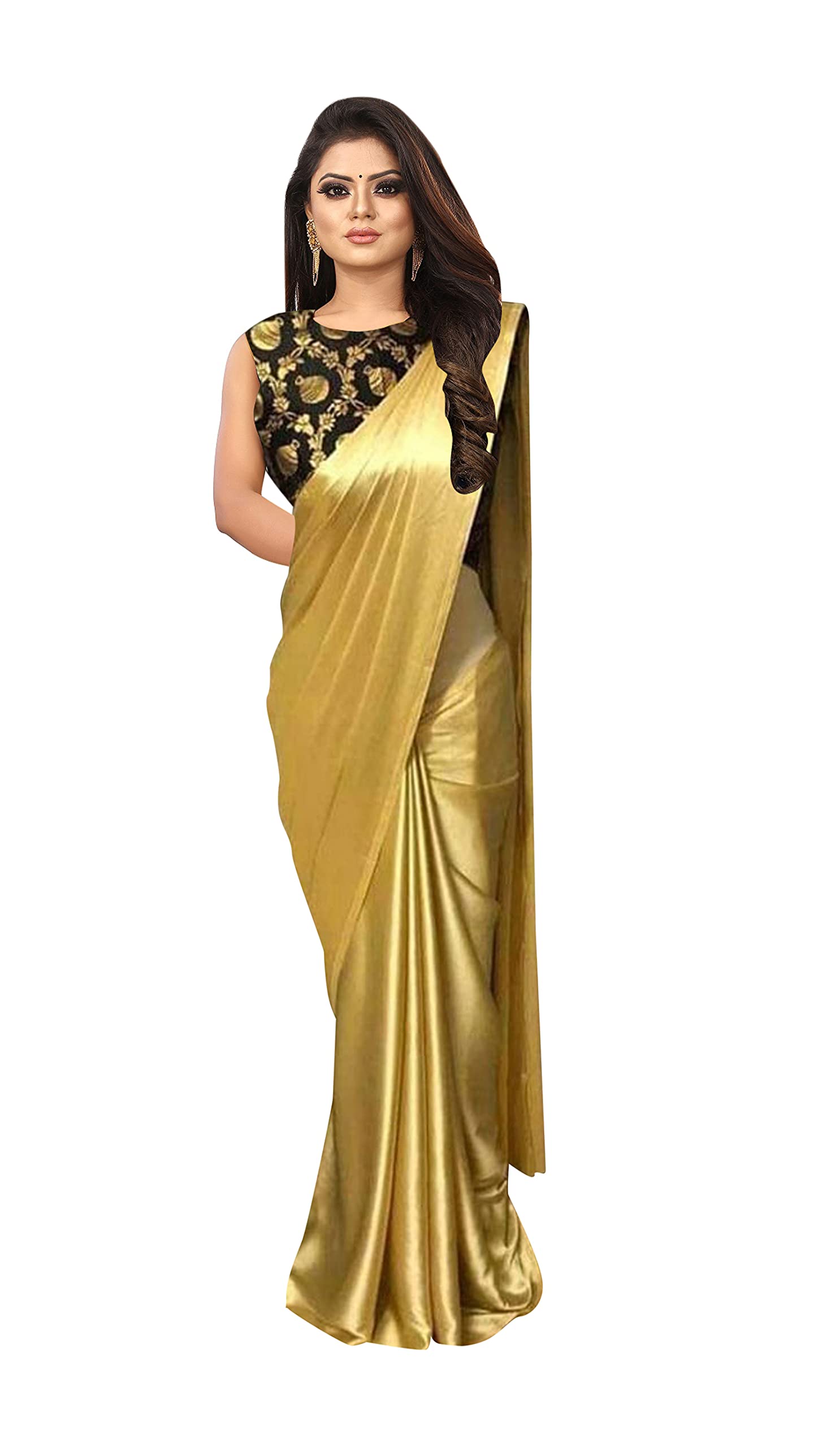 Peegli Saree Women's Indian Satin Silk Saree Solid Sari with Blouse Piece