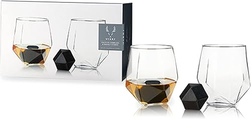 Viski Juego de 4 vasos facetados y piedra de basalto hexagonal, vasos de cristal con juego de 2 rocas de whisky para bourbon, ron, amantes del