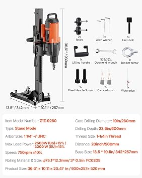 VEVOR Diamond Core Drilling Machine, 10in Wet Concrete Core Drill Rig with Stand Wheels, 750RPM Speed & 1-1/4 Thread & Lifting Handle, 10in Drilling Diameter for Concrete Brick Block Stone, 2500W